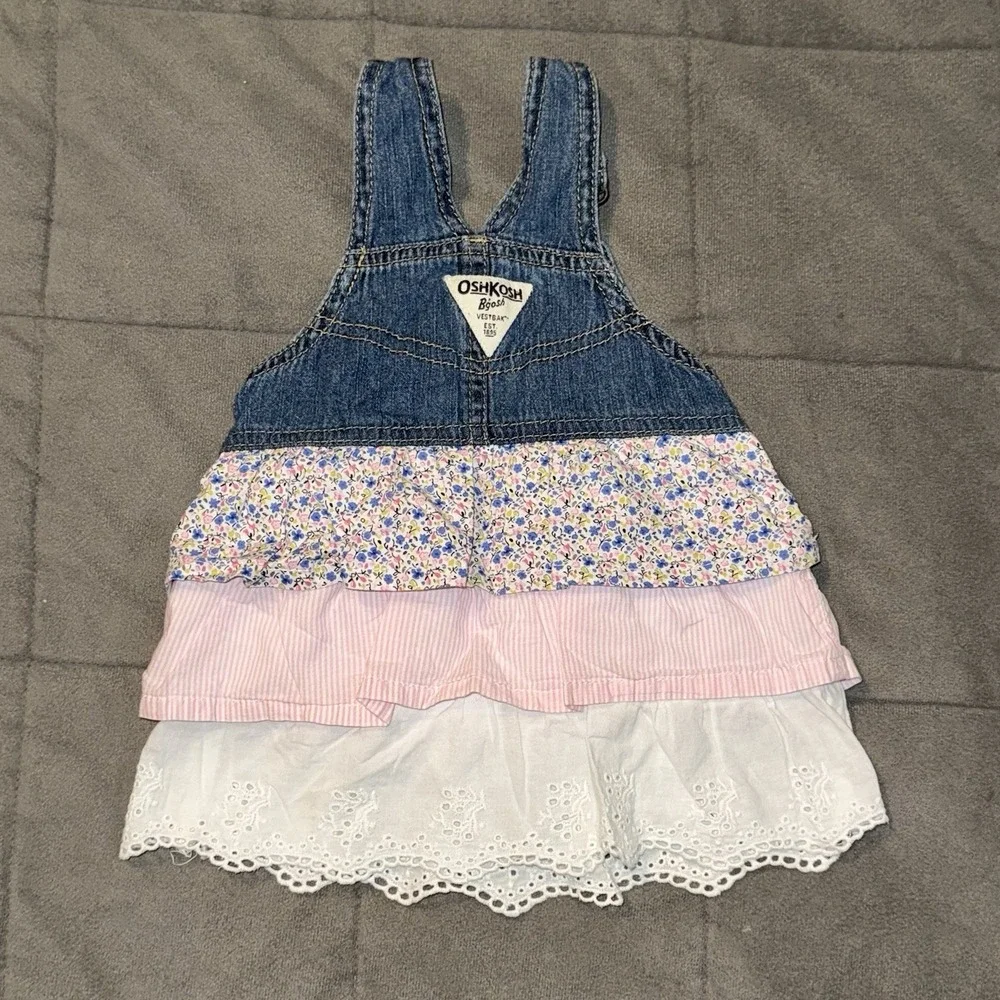 OshKosh B'Gosh Denim VestBak Overall Dress 6 Mon Ruffled Tiers Skirt Pink Floral